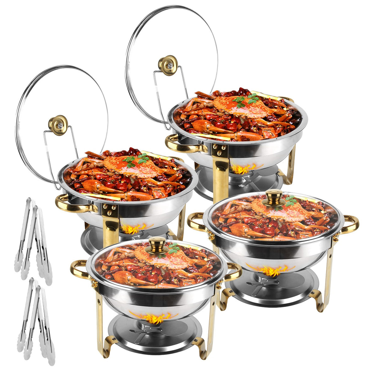 Four round stainless steel chafing dishes with glass lids