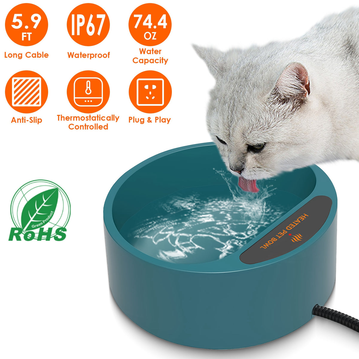 Cat drinking from the heated pet water bowl