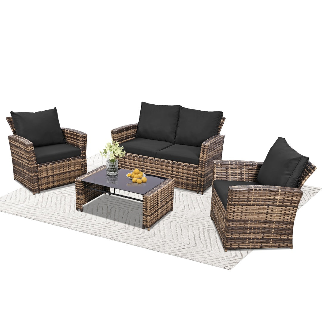 The full four-piece set on a rug, seen from the front