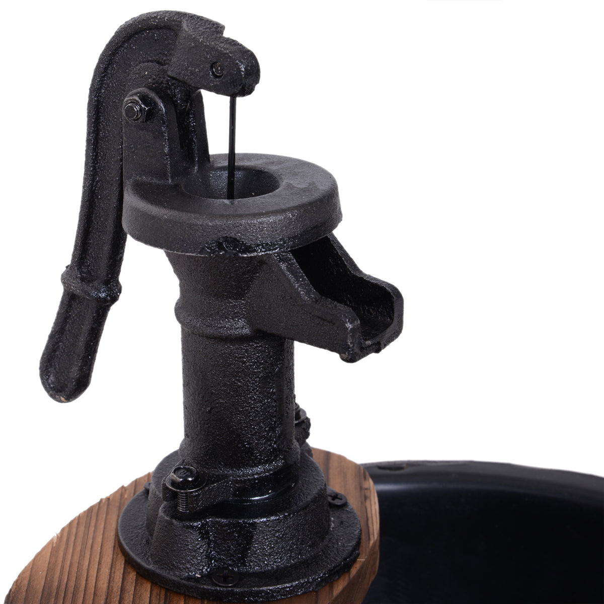 Close view of the cast-style pump spout