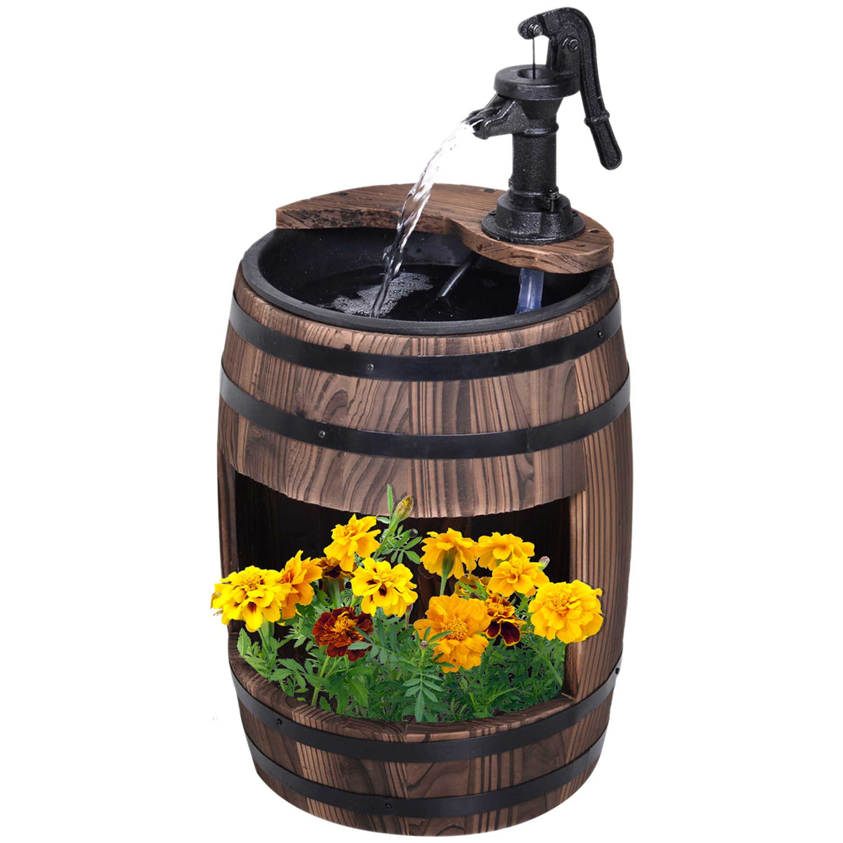 The barrel fountain with marigolds, on a plain background