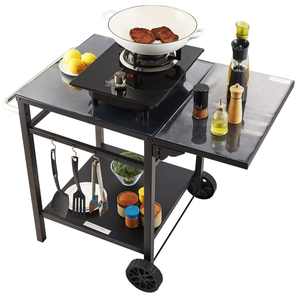 The black grill cart set with a wok of grilled meat, lemons and oil bottles, on a white background
