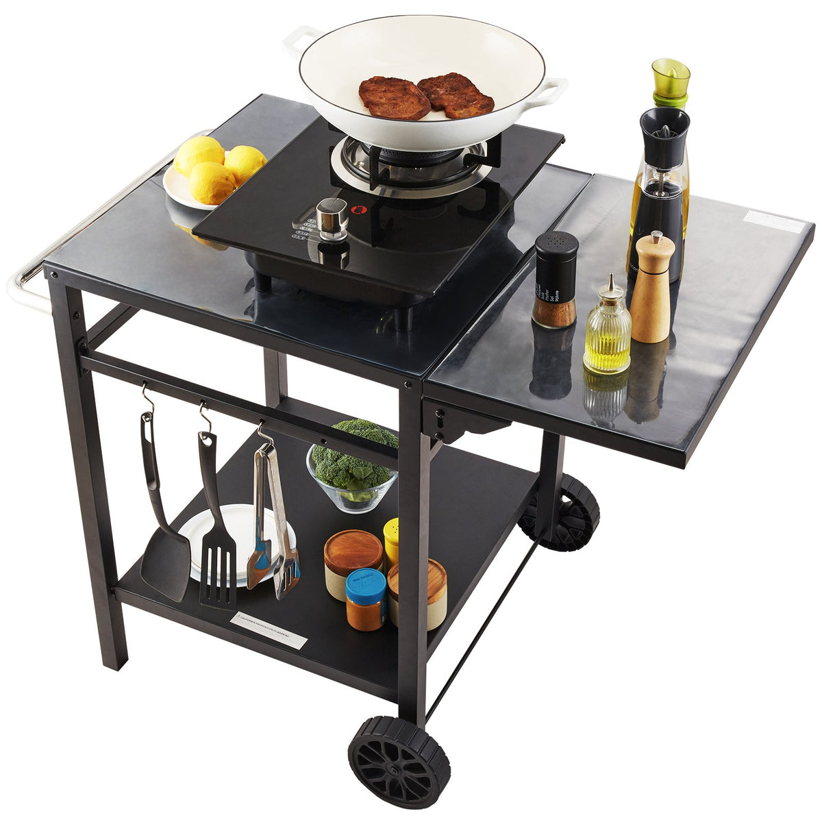 The black grill cart set with a wok of grilled meat, lemons and oil bottles, on a white background