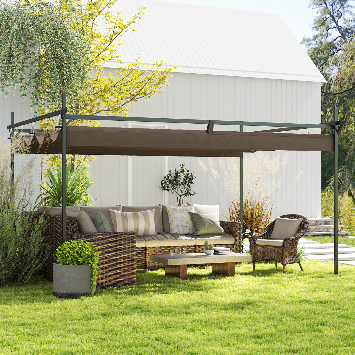 Retractable pergola canopy over patio seating on a lawn