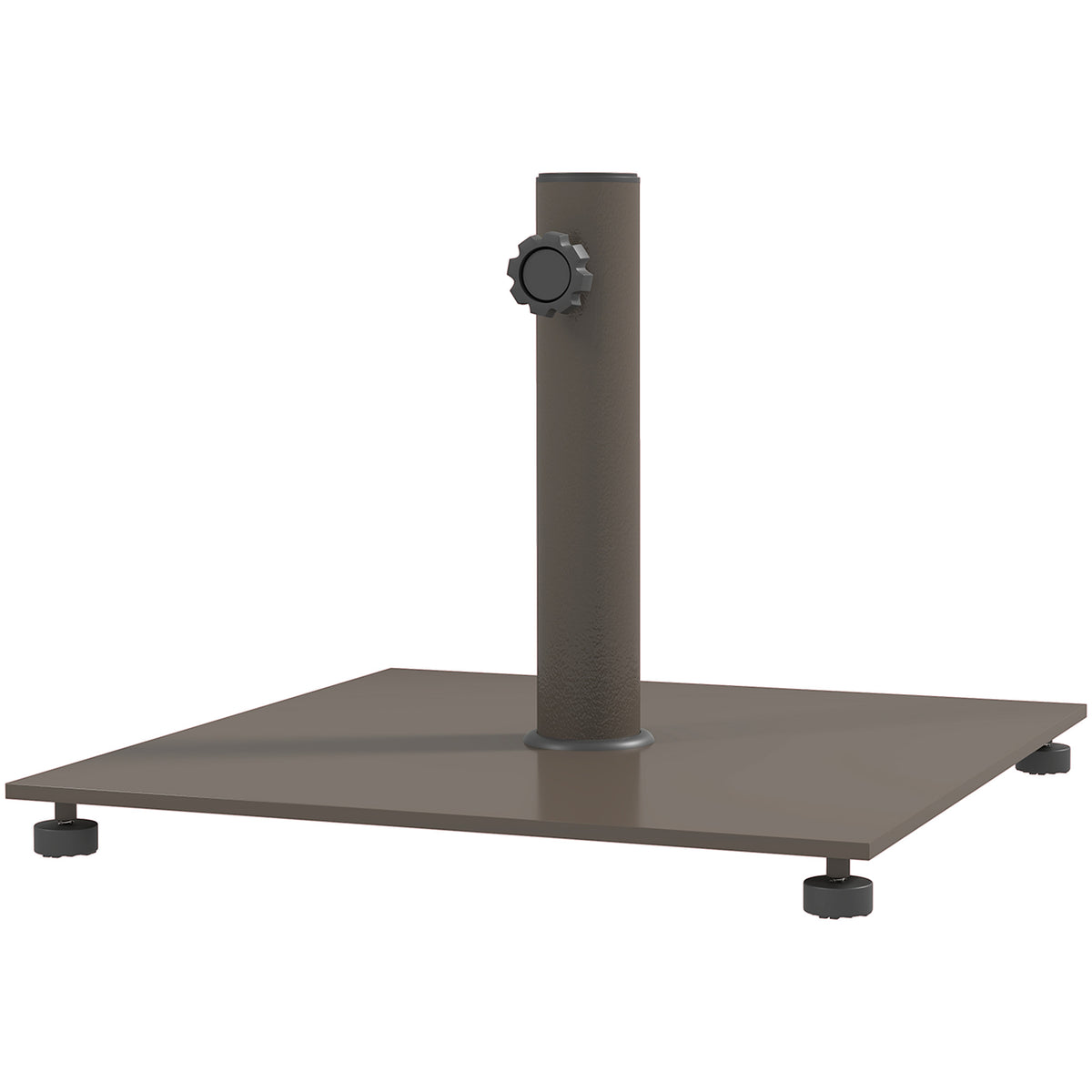 The brown square umbrella base on a white background, seen from a low angle, with the upright pole sleeve, its tightening knob and the four adjustable foot pads under the corners