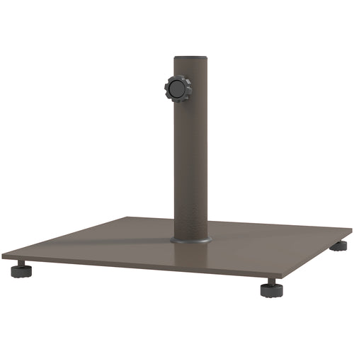 The brown square umbrella base on a white background, seen from a low angle, with the upright pole sleeve, its tightening knob and the four adjustable foot pads under the corners