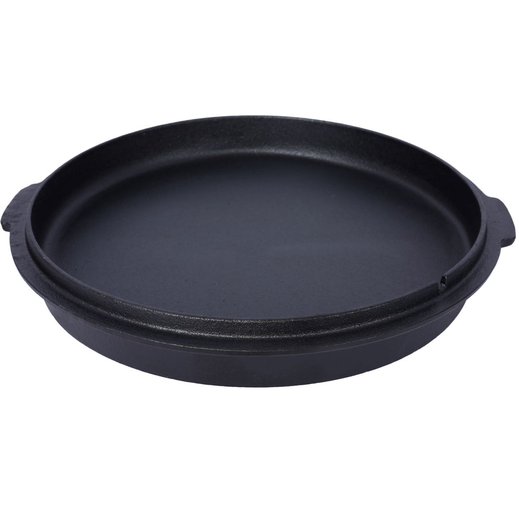 Underside of the lid turned over, showing the flat griddle surface and side handles