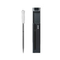 Stainless steel wireless meat probe with a white ceramic handle and pointed tip, standing next to its slim black charging case.