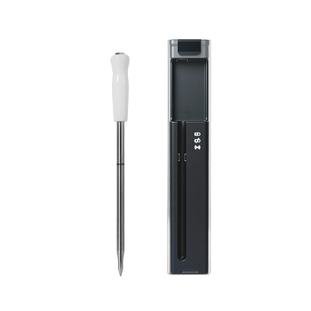 Stainless steel wireless meat probe with a white ceramic handle and pointed tip, standing next to its slim black charging case.