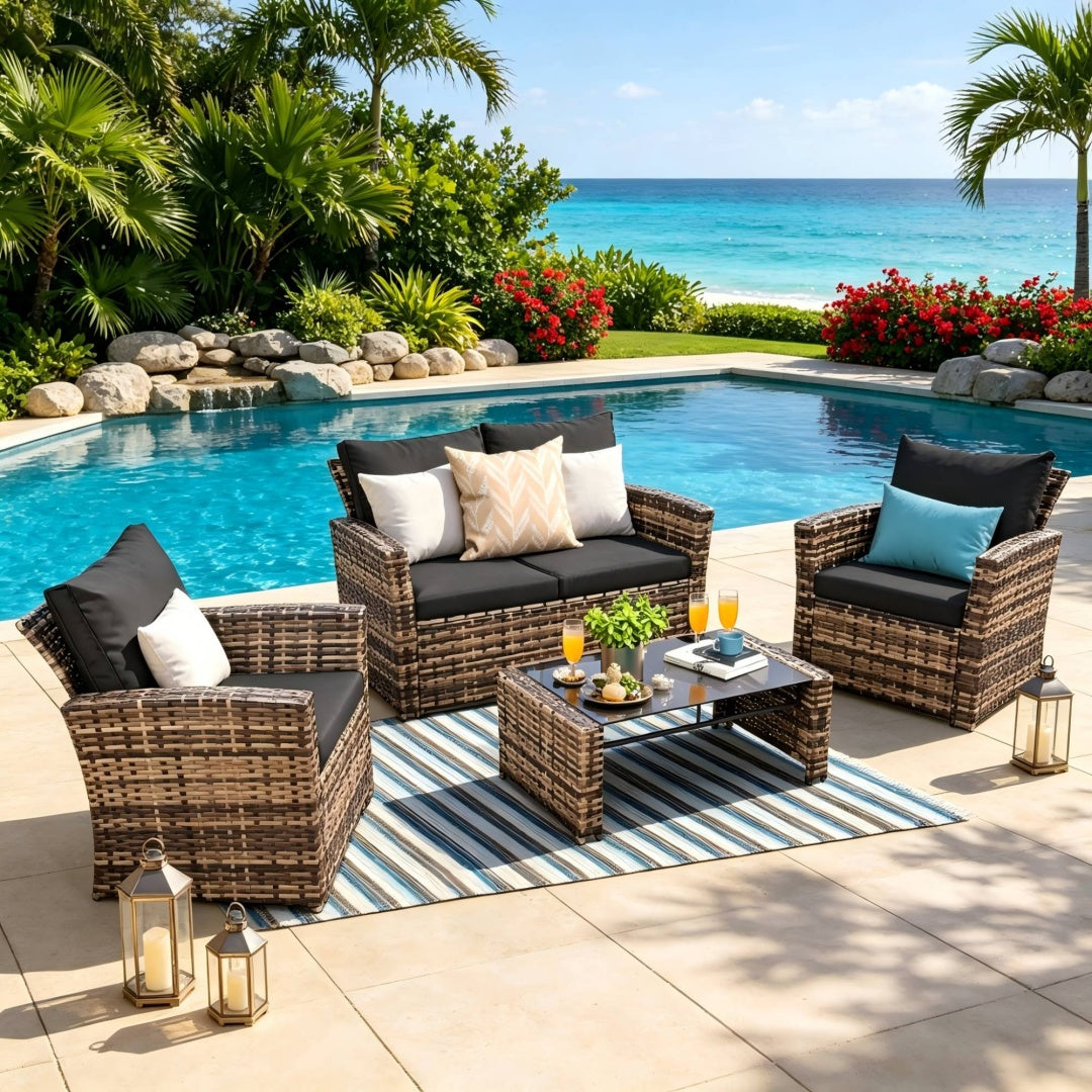 Wicker conversation set arranged on a poolside patio
