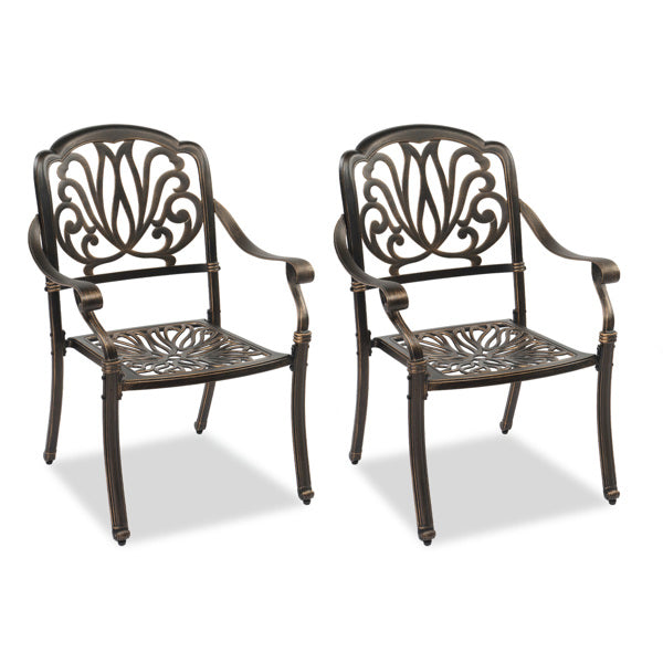 Two stackable cast aluminum patio chairs with armrests in antique bronze