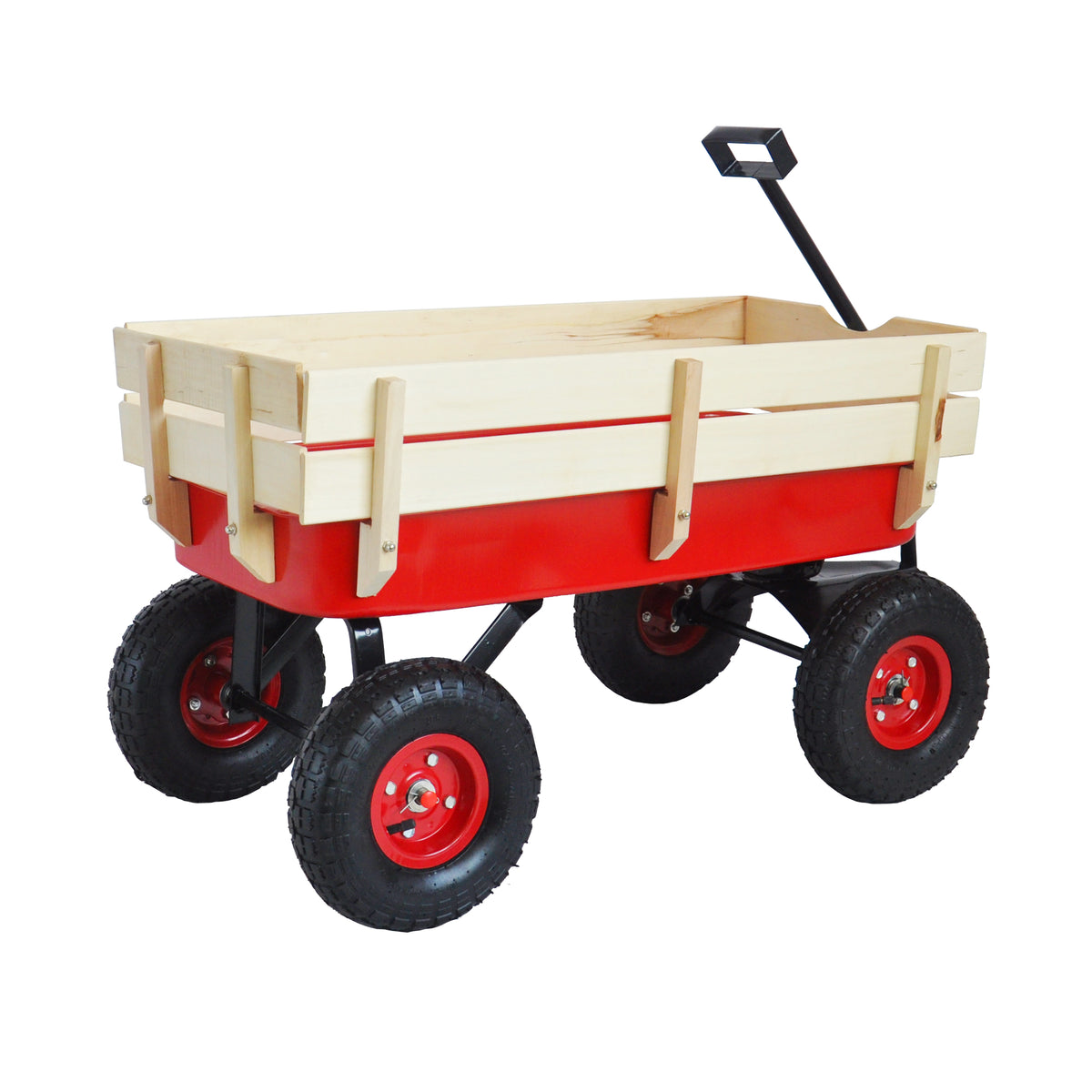 Angled view of the wagon with rails attached and the handle folded down