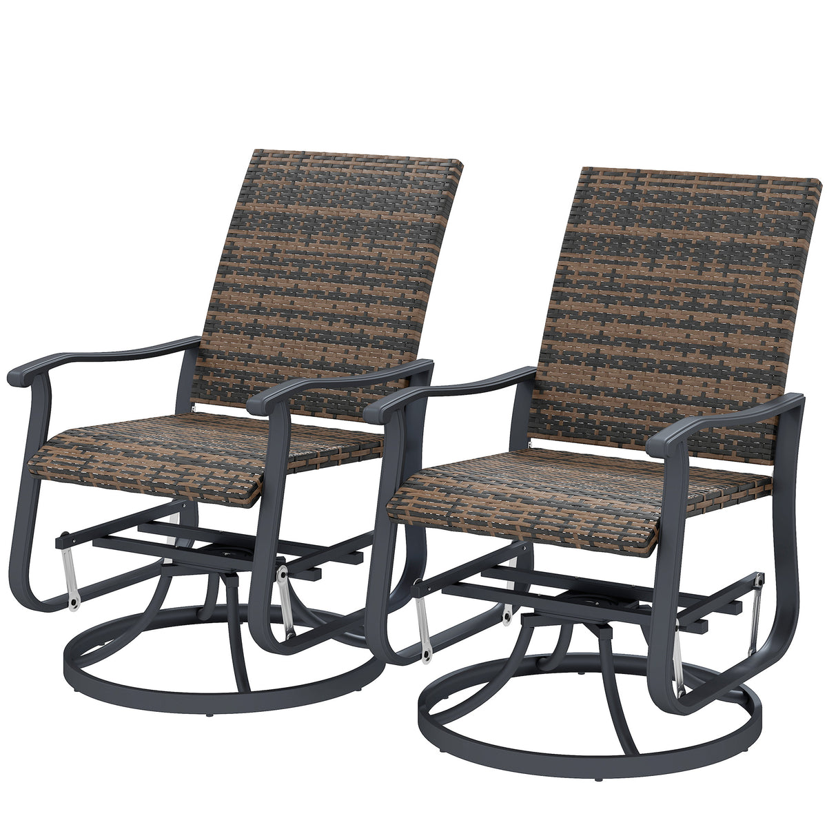 Pair of brown wicker swivel glider chairs