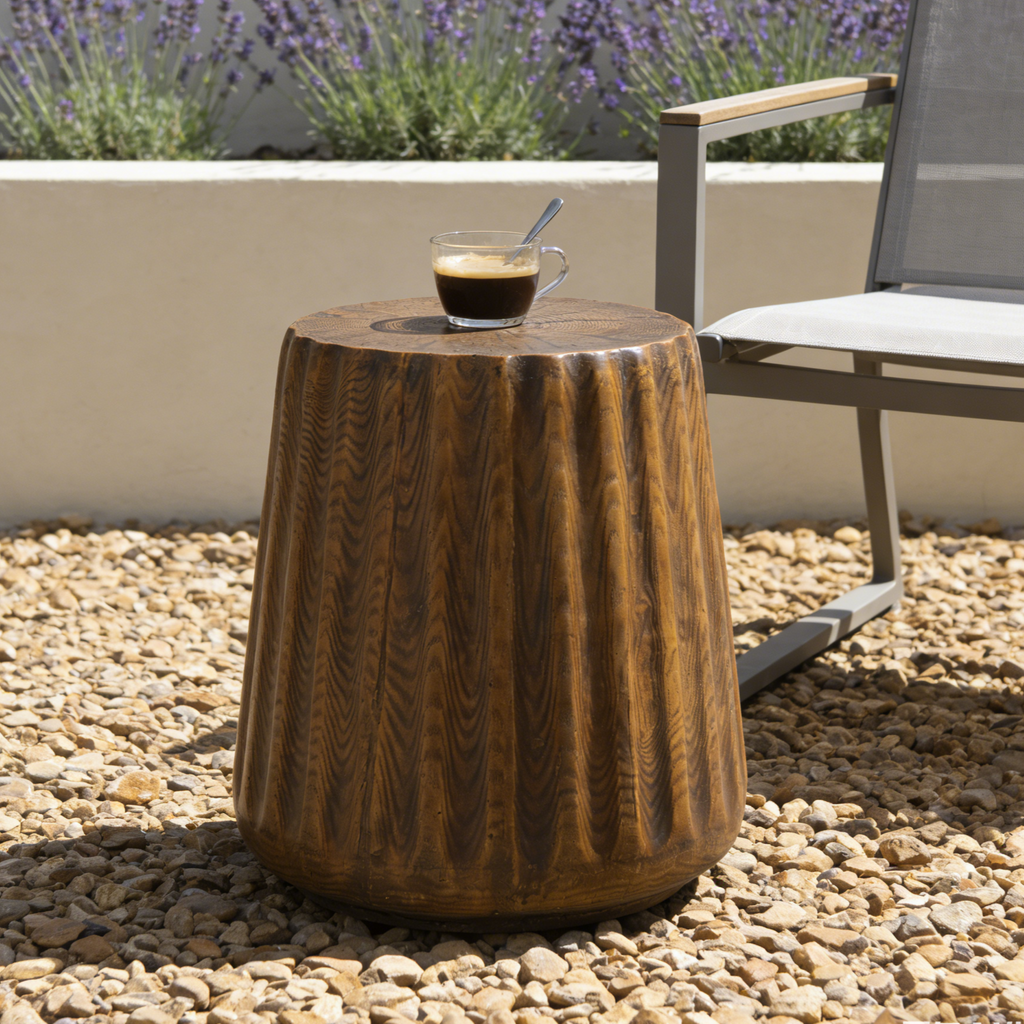 Tree stump style cast stone side table in brown wood grain