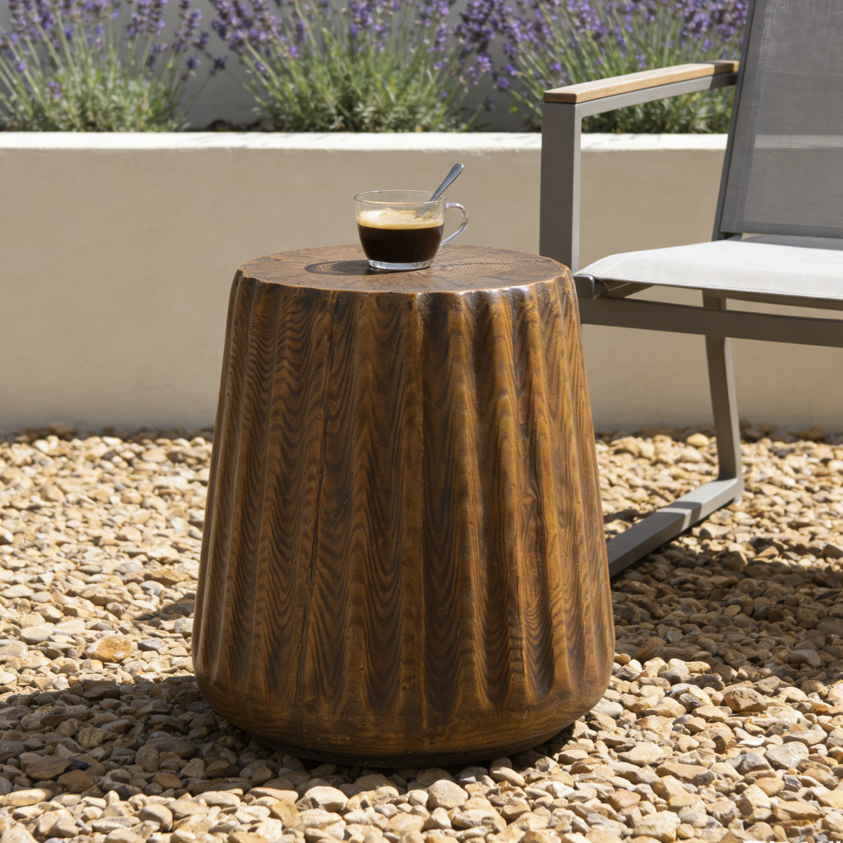 Tree stump style cast stone side table in brown wood grain