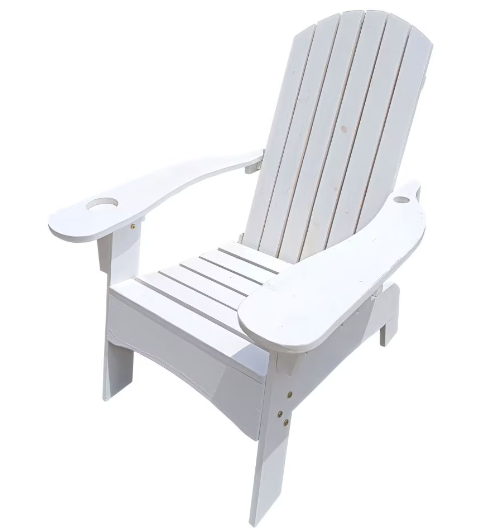 Three-quarter view of the white Adirondack chair with its slatted fan back and wide armrests
