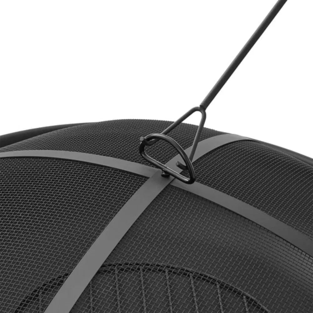 Fire pit with spark screen removed showing the wood grate inside the bowl