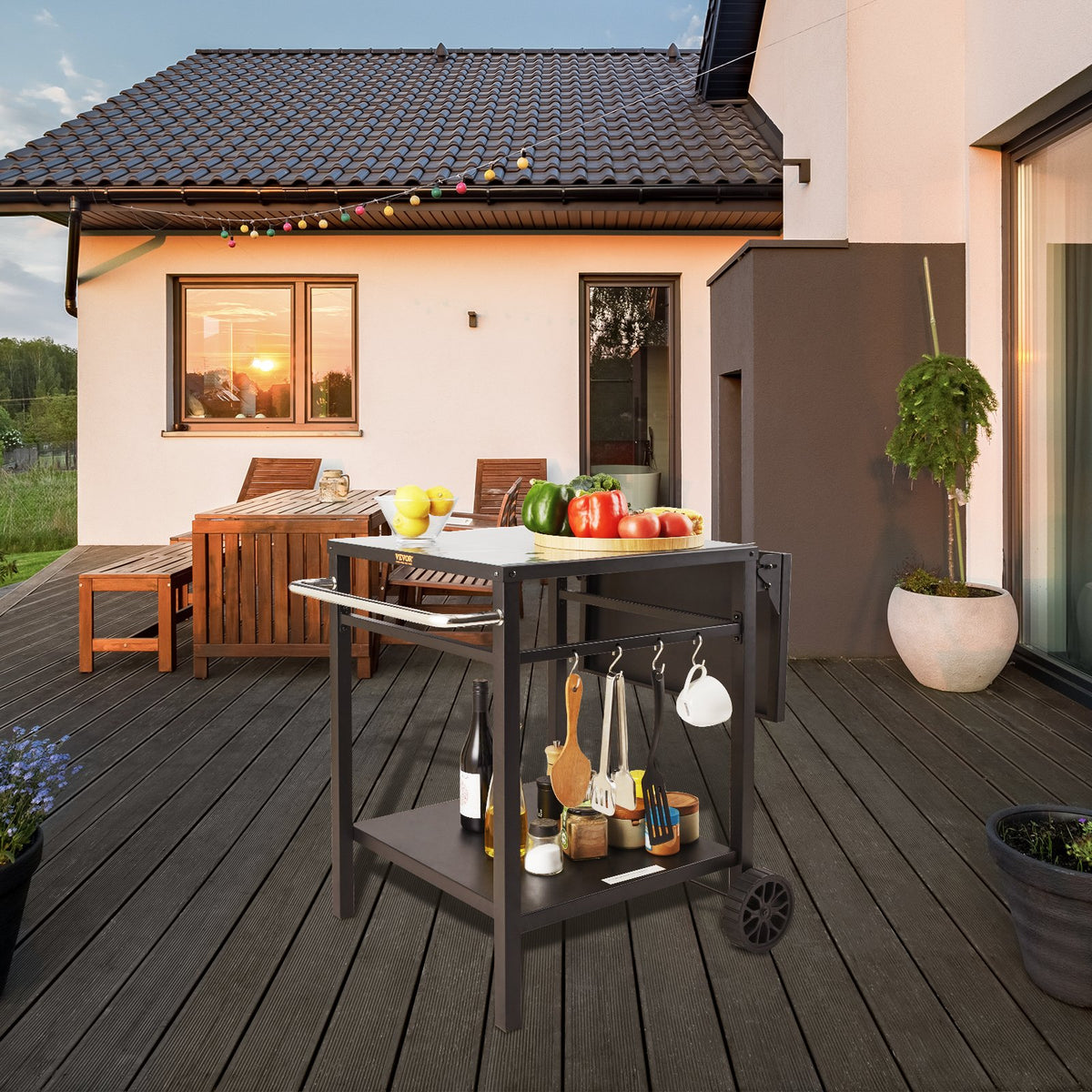 Folding outdoor grill cart with two shelves and work top