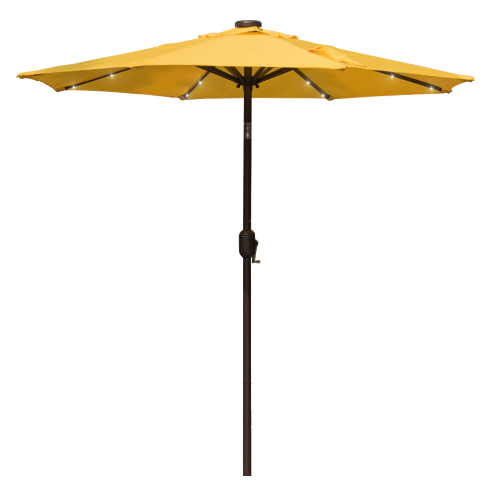 Seven-foot solar LED patio umbrella, open, on a white background