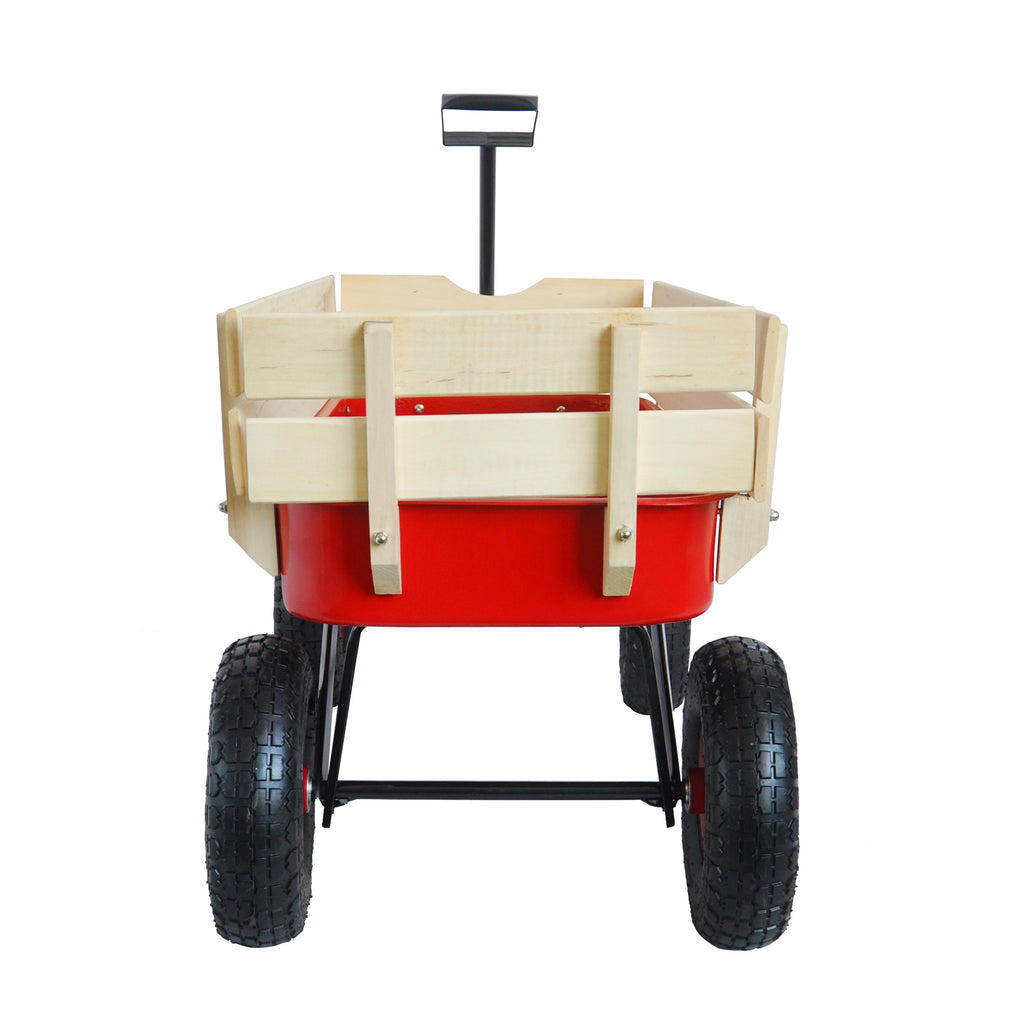 Front view of the red wagon with the pull handle standing upright