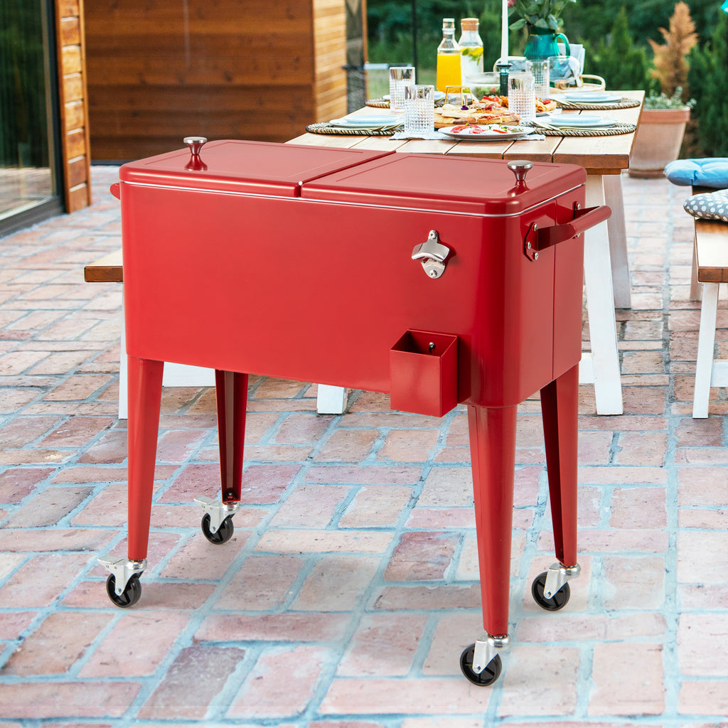 Red cooler cart set up with drinks on a patio