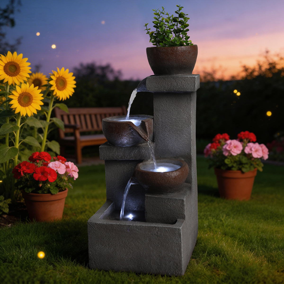 The fountain at dusk with the planting cup filled