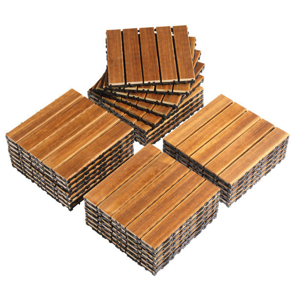 Stacks of the acacia tiles on a white background, one stack fanned out to show the slatted tops