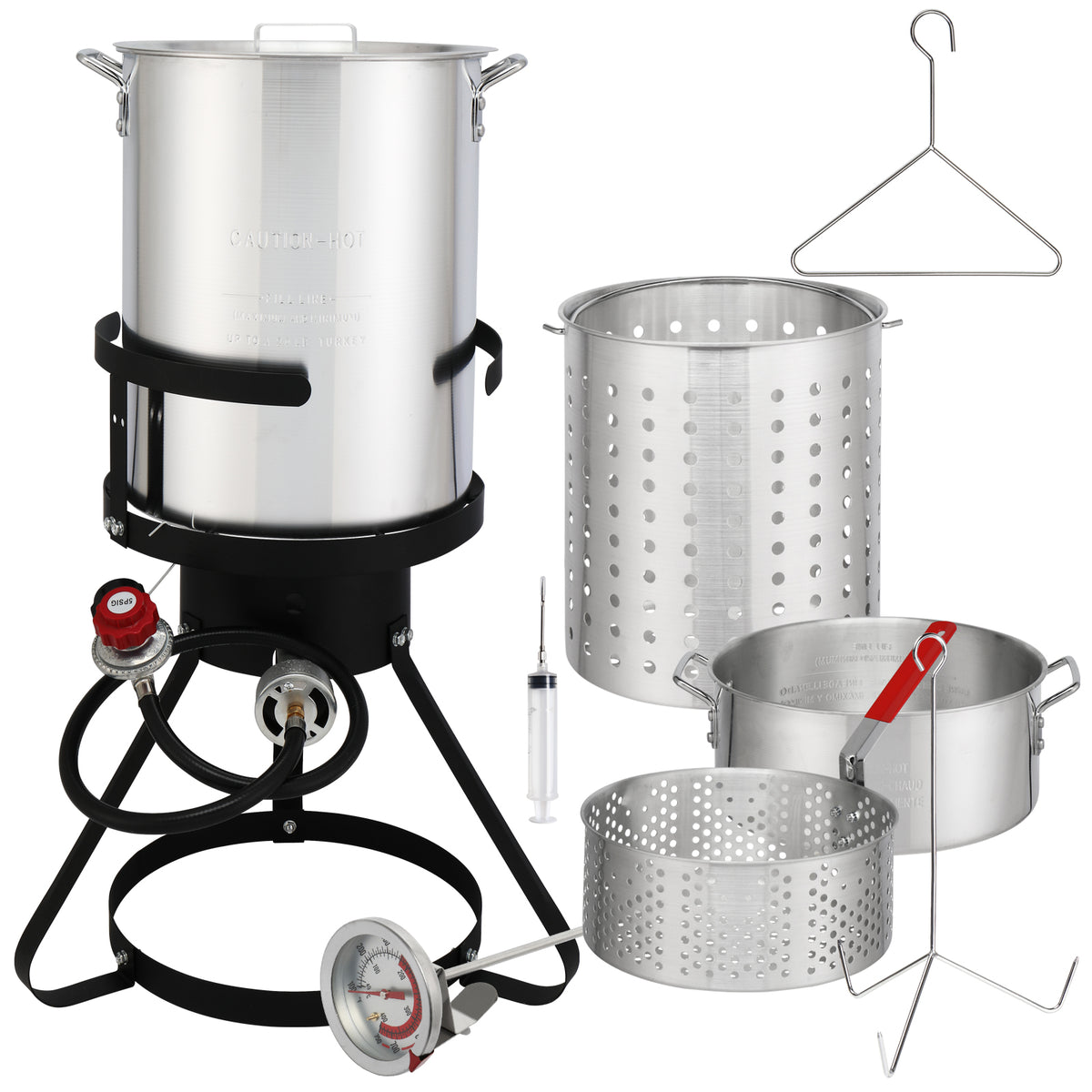 The full kit: pot, baskets, poultry rack and lifting hook