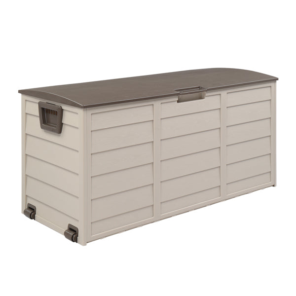 Angled view of the closed beige deck box showing its wheels, on a white background