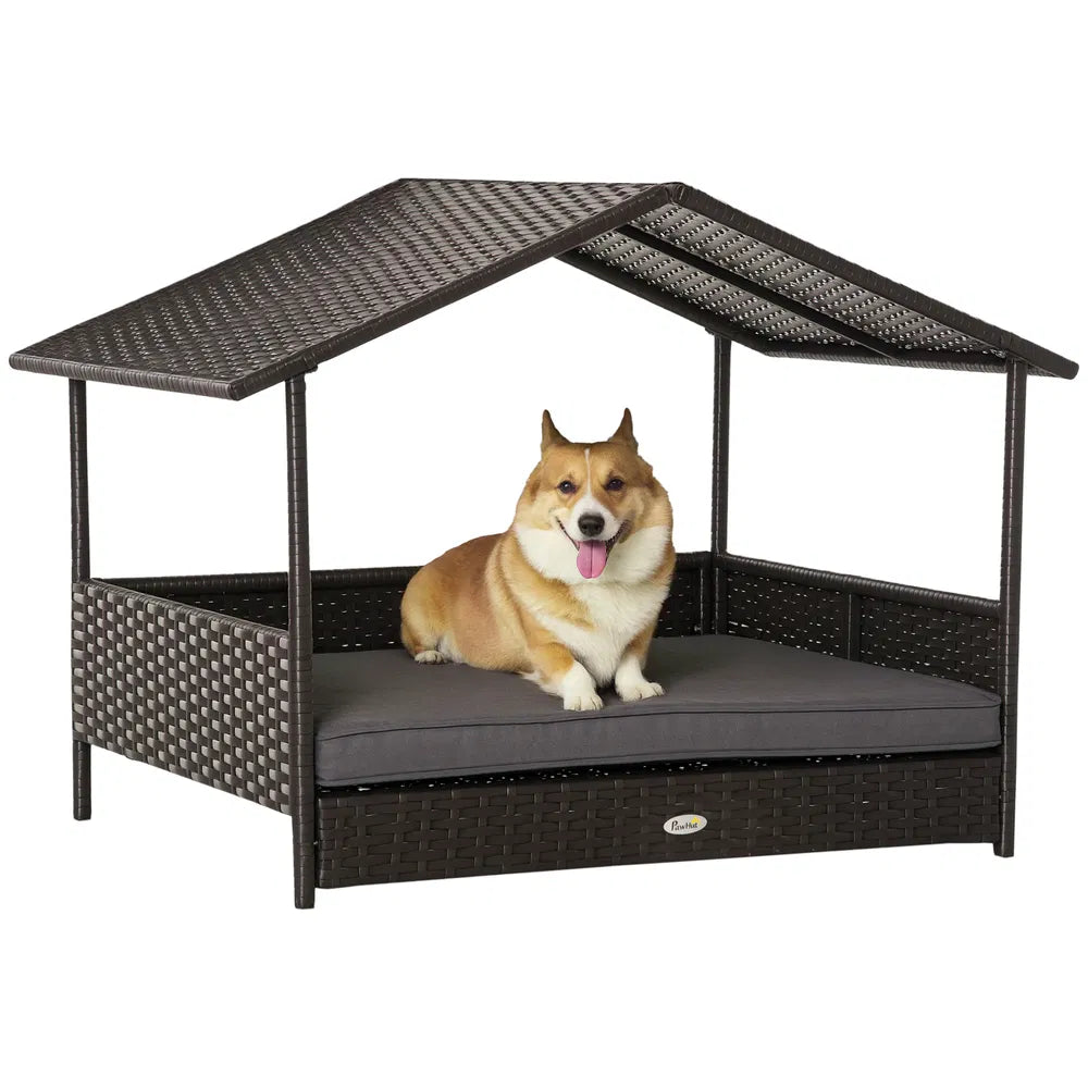 Wicker canopy pet bed with cushion