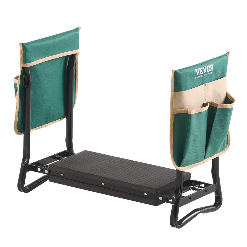 Garden kneeler set up as a seat with tool pouches