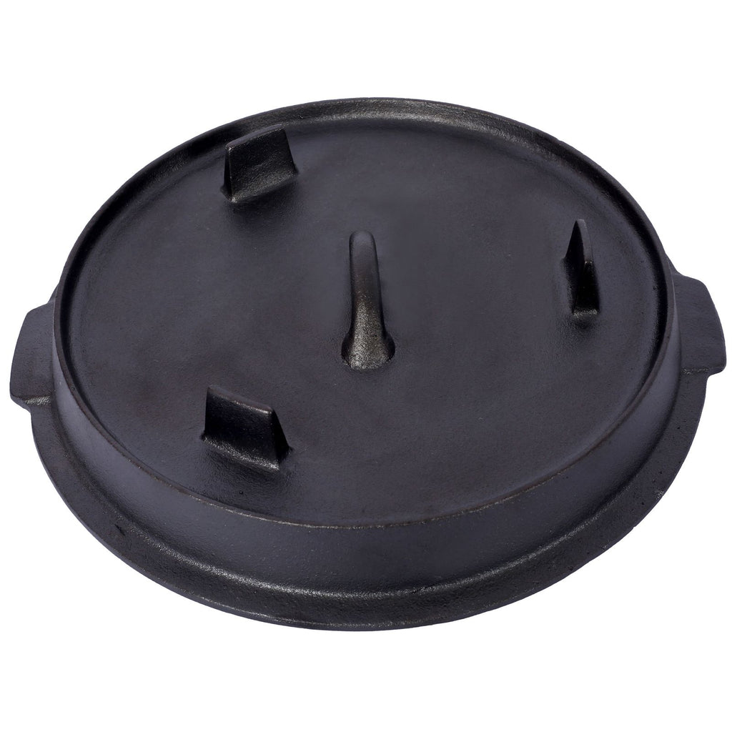 Top down view of the lid with its center handle and raised tabs around the rim