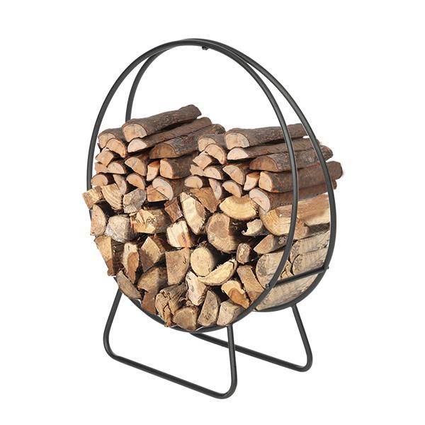The round black iron hoop rack on a white background, filled with split logs stacked end-on