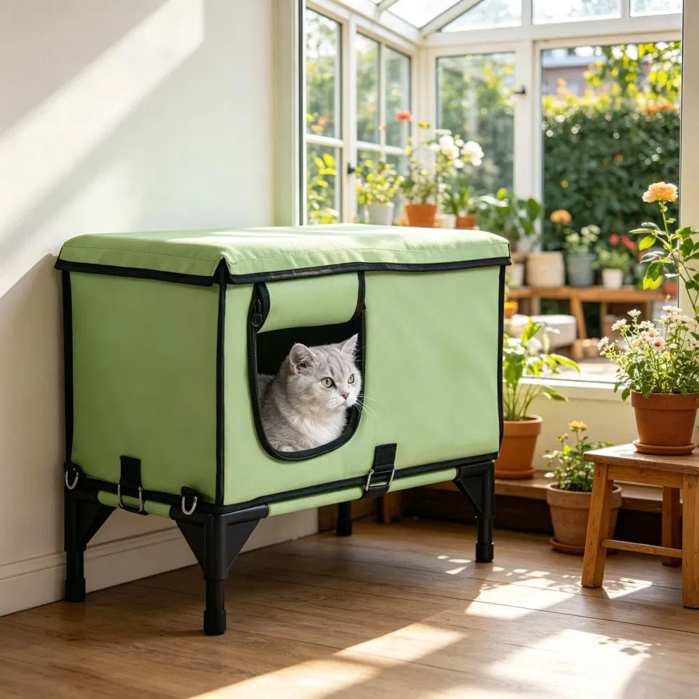 Heated cat house beside potted plants
