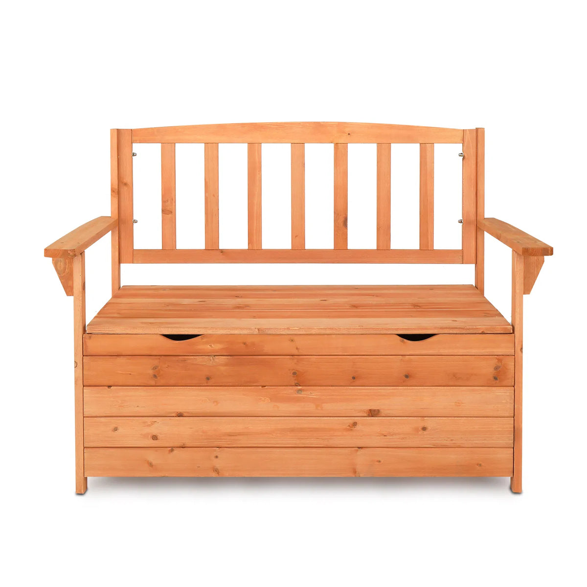 Cedar storage bench with backrest and armrests