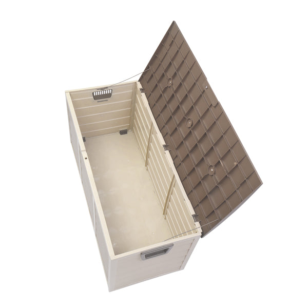 The lid propped open showing the empty ribbed interior of the storage box