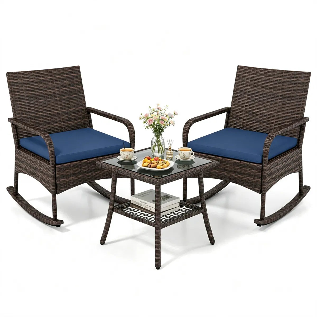 Front view of both rocking chairs and the side table