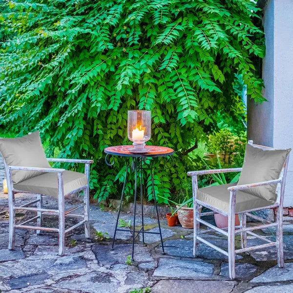 Cushioned seating on a shaded patio