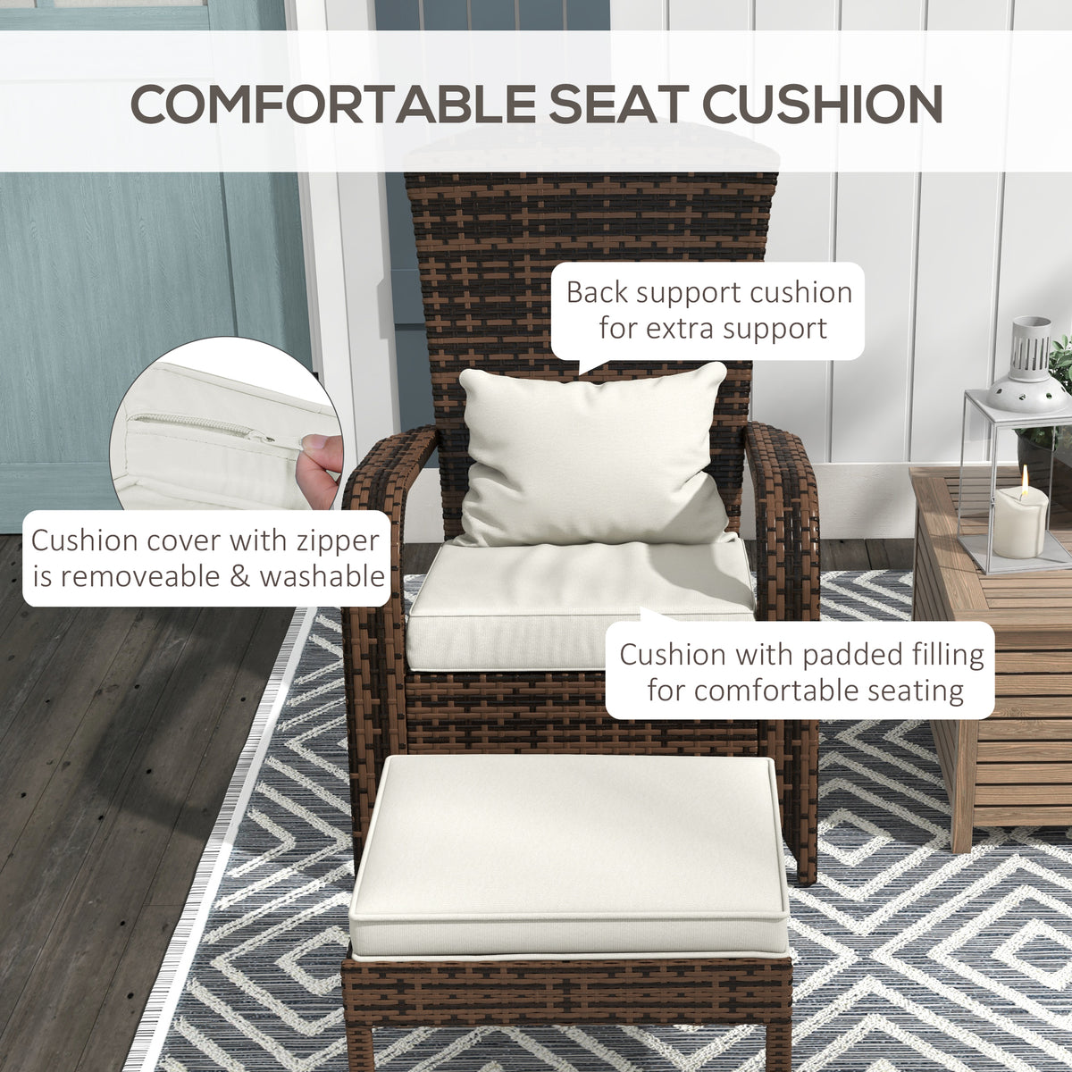 Wicker Adirondack chair with ottoman, cream white cushions