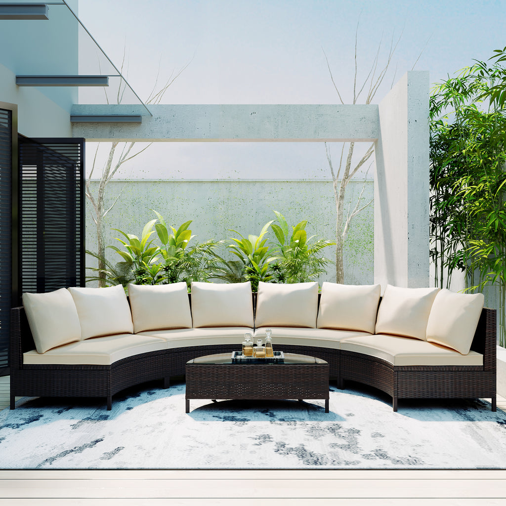 The beige set arranged with the glass table