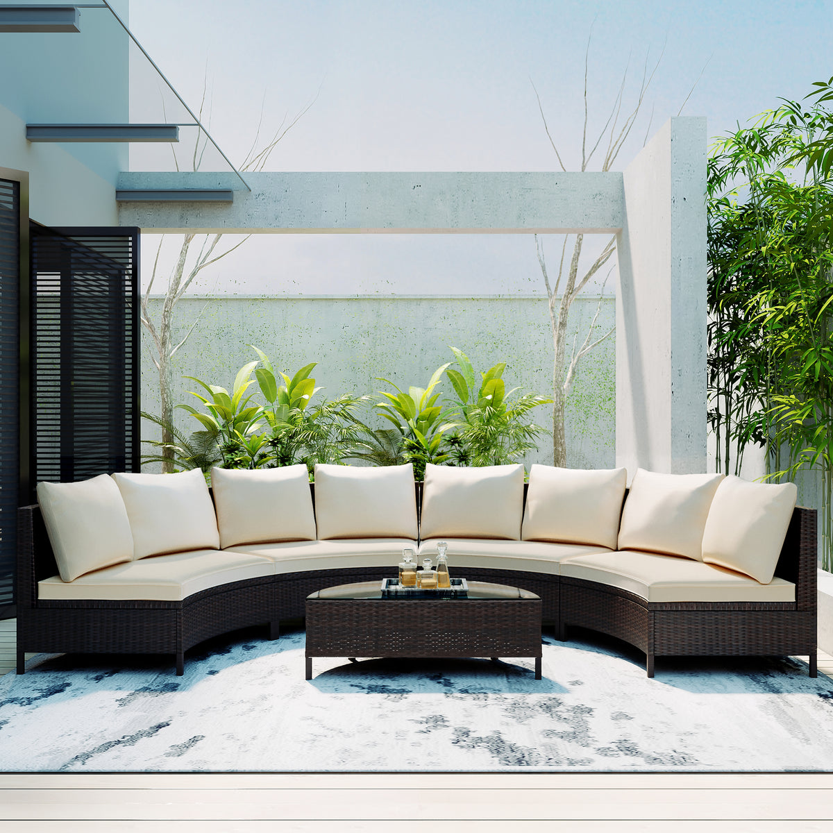 The beige set arranged with the glass table