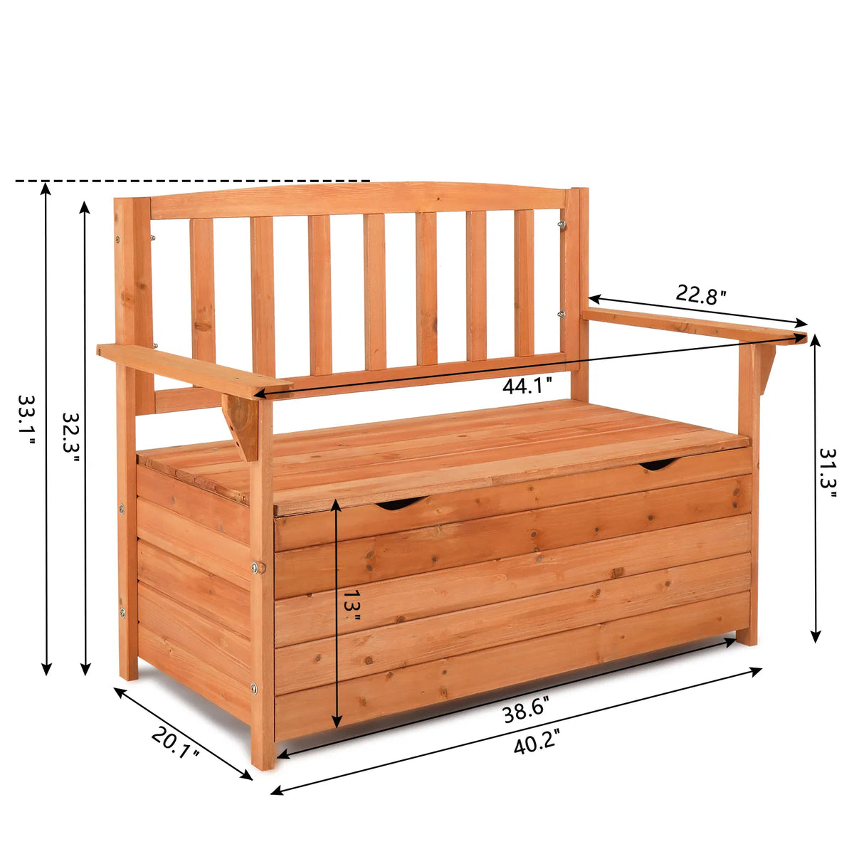 The bench with its lid open showing storage