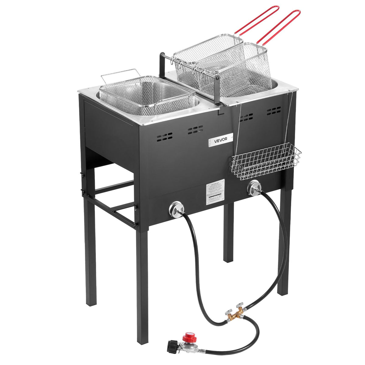 Two-tank propane deep fryer on free-standing frame