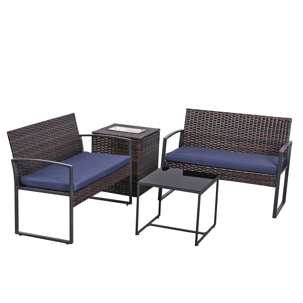 Four-piece patio set in brown wicker with blue cushions