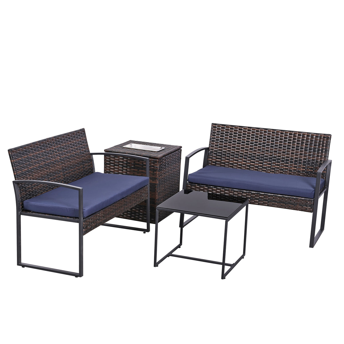 Four-piece patio set in brown wicker with blue cushions