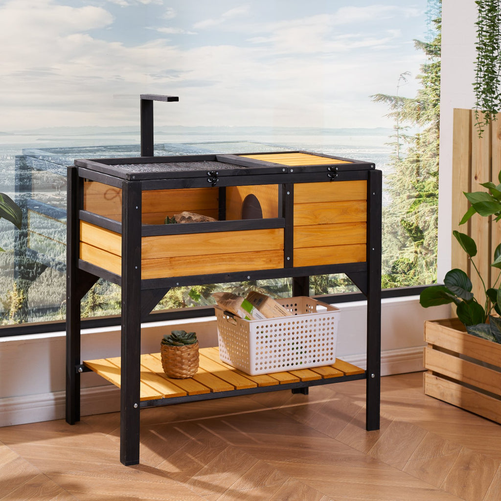 Cedar tortoise habitat with storage shelf beneath