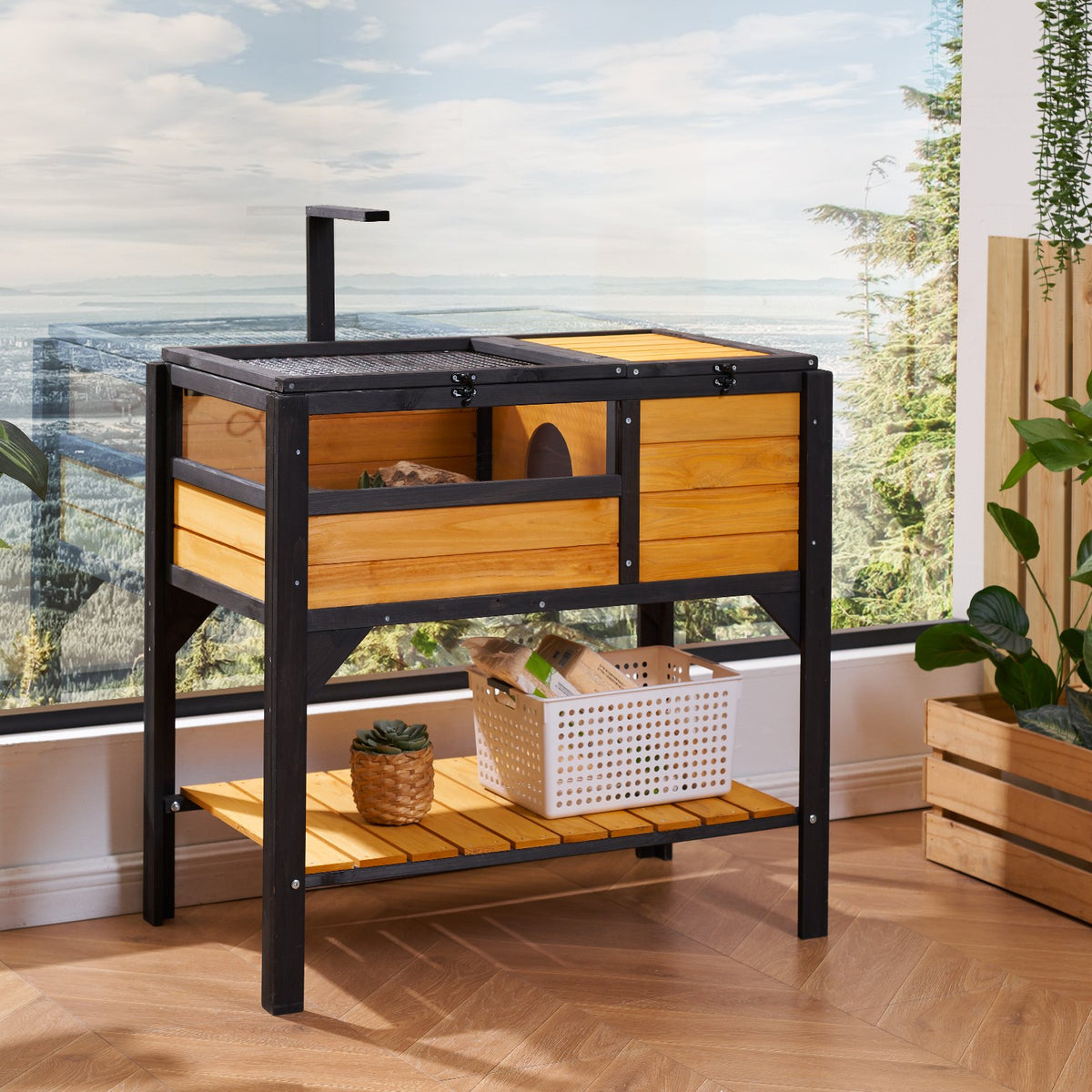 Cedar tortoise habitat with storage shelf beneath