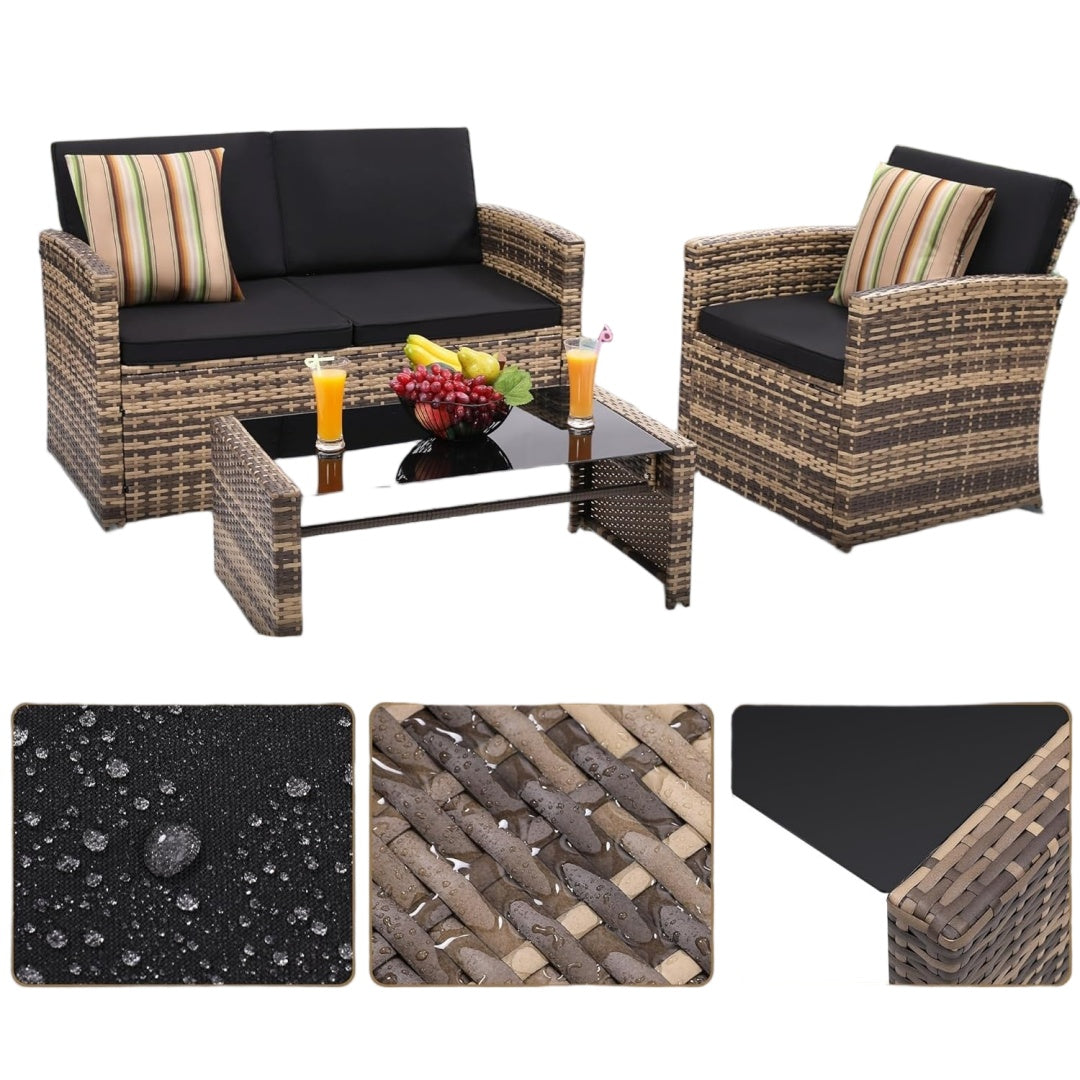 The set with close views of the wicker weave and cushion fabric