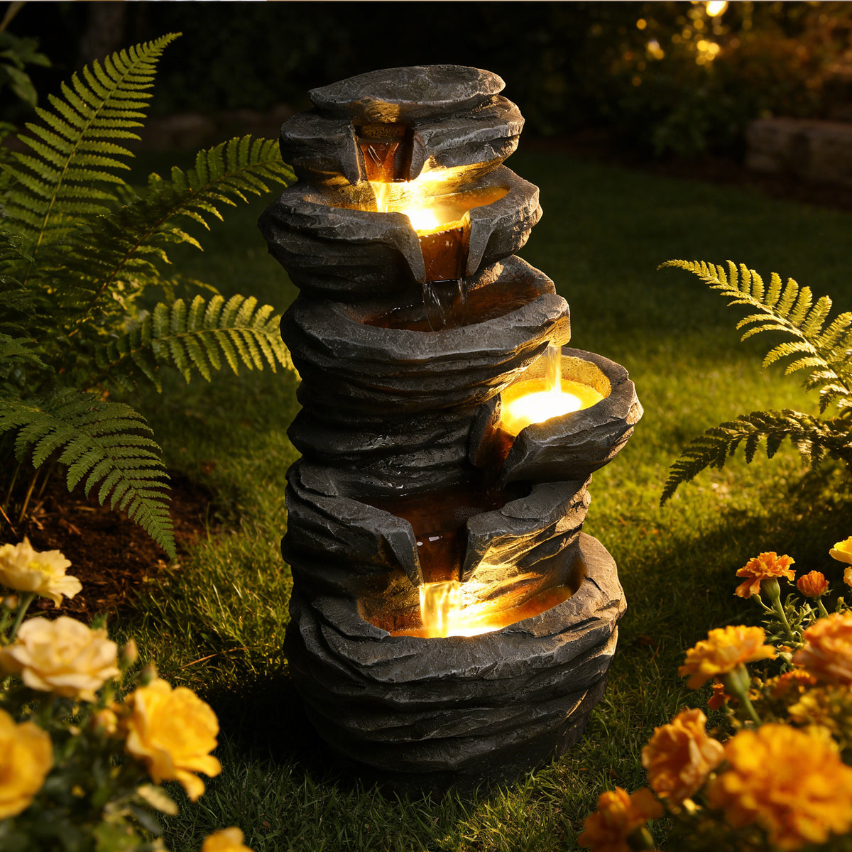 Stacked rock fountain lit in a garden at night