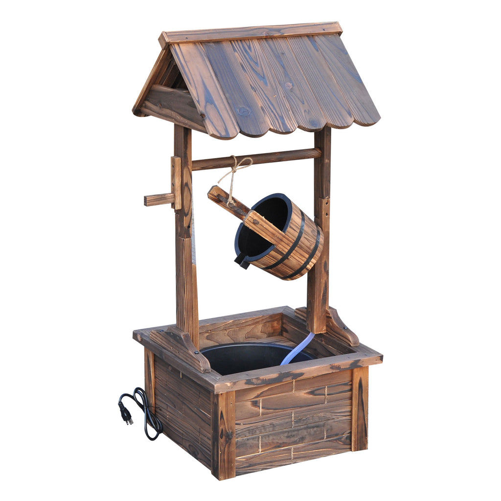 Wooden wishing well fountain, full view